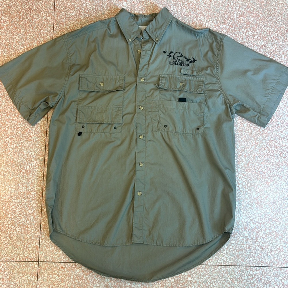 Ducks Unlimited Hunting Fishing Shirt Mens L khaki green Vented mesh shortsleeve